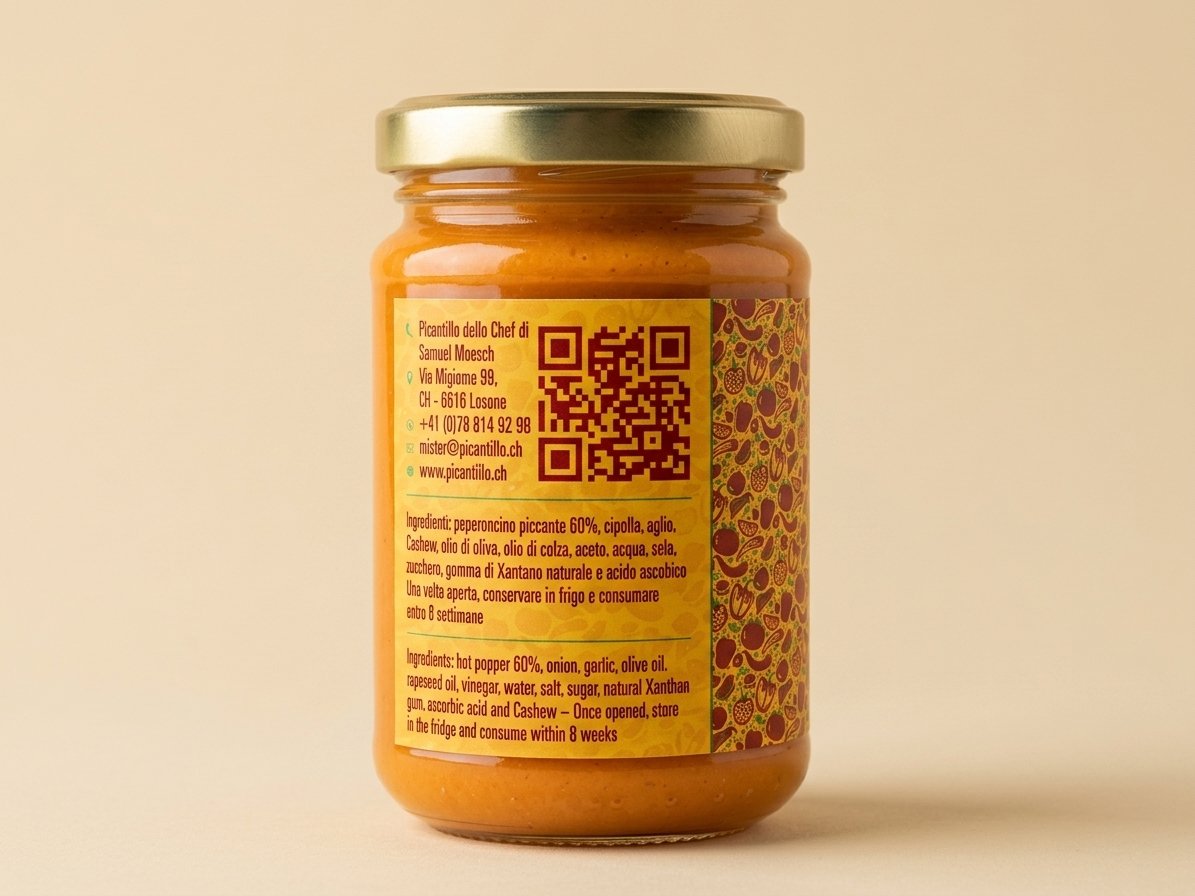 Etichetta del vasetto Creamy Chili Cashew di Picantillo dello Chef con ingredienti, conservazione e contatti del produttore